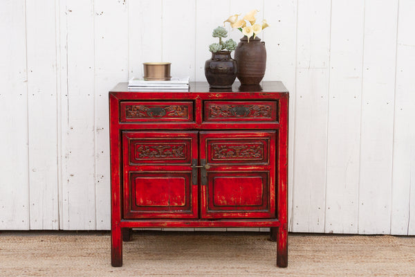 Finely Carved Red Chinese Cabinet