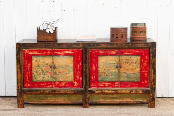 Reconstructed Old Wood Mongolian Painted Sideboard