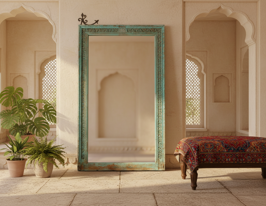 19th Century Indo-French Aqua Carved Floor Mirror (Trade)