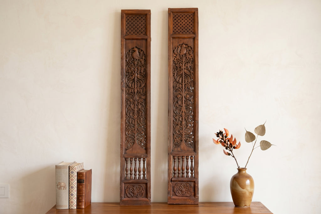 Pair of Tall Handcarved Antique Peacock Panels