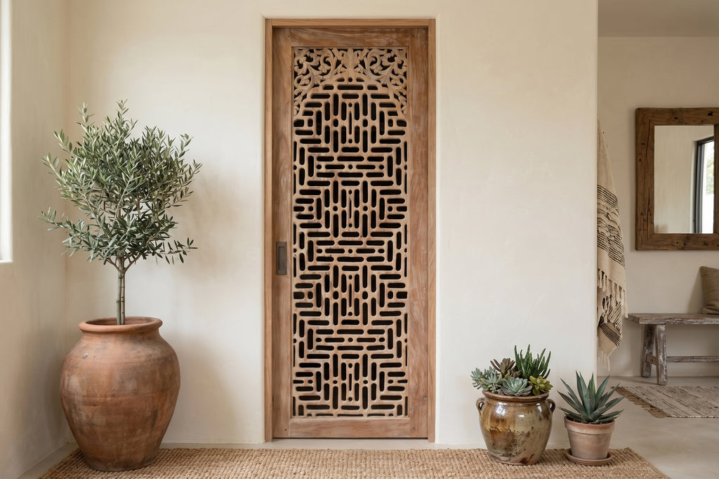 Reconstructed Ethereal Whitewash Lattice Carved Door