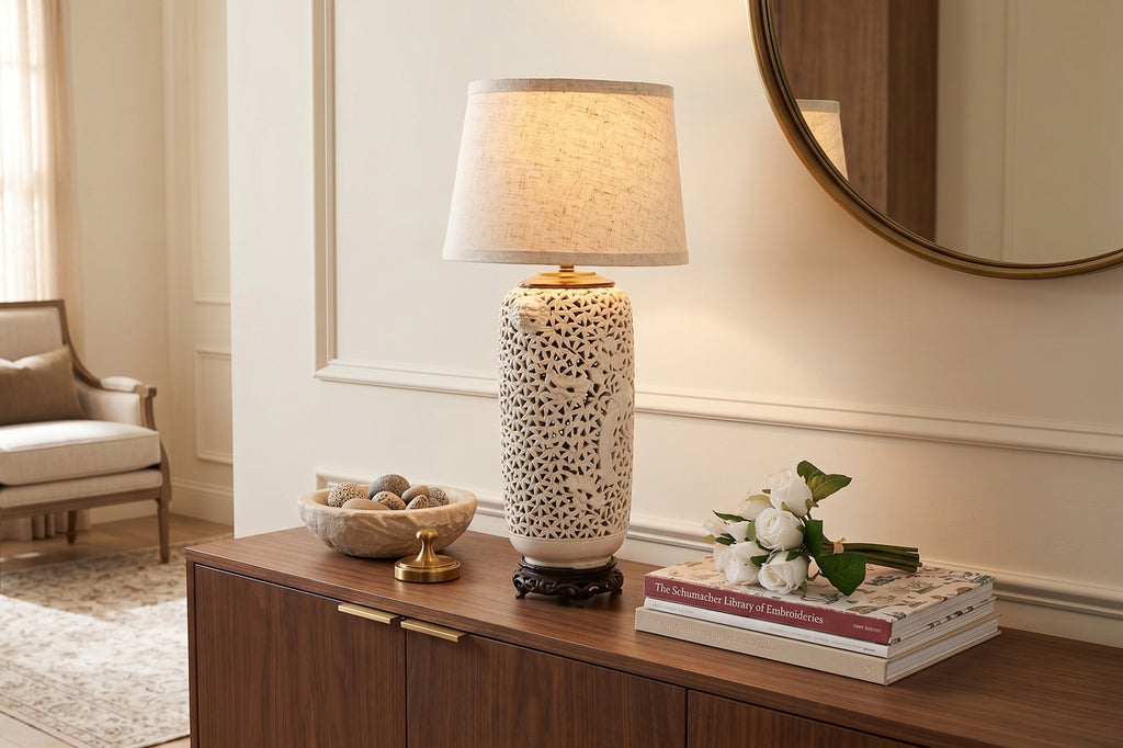 Alabaster White Lattice Bloom Porcelain Lamp
