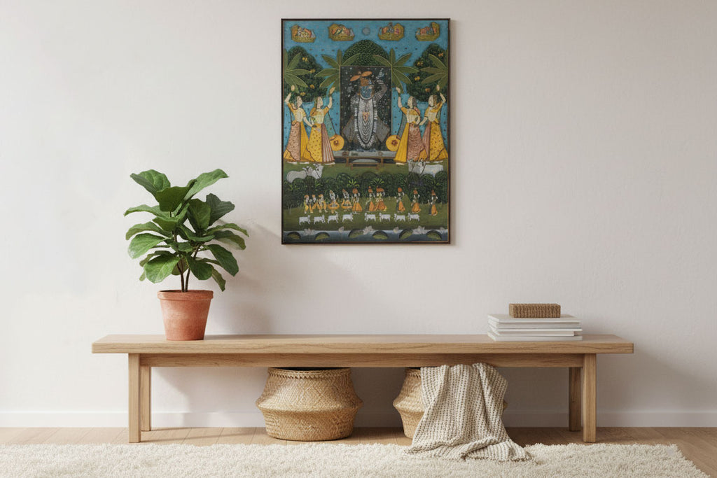 Large Vintage Krishna & Gopis Indian Devotional Painting