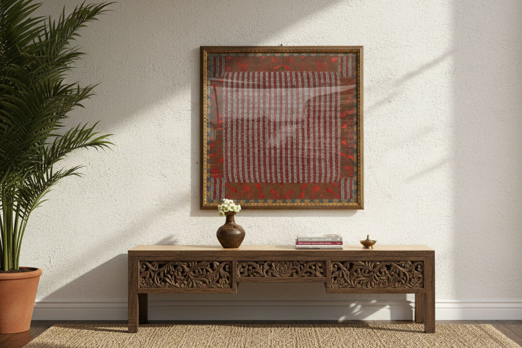 Framed Antique Silk Red & Gold Woven Wall Art