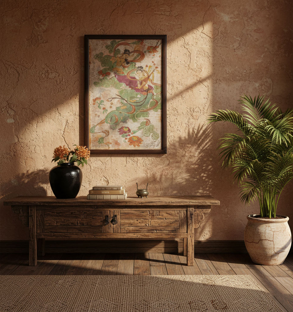 Framed Fresco Style Chinese Mural Fragment Art