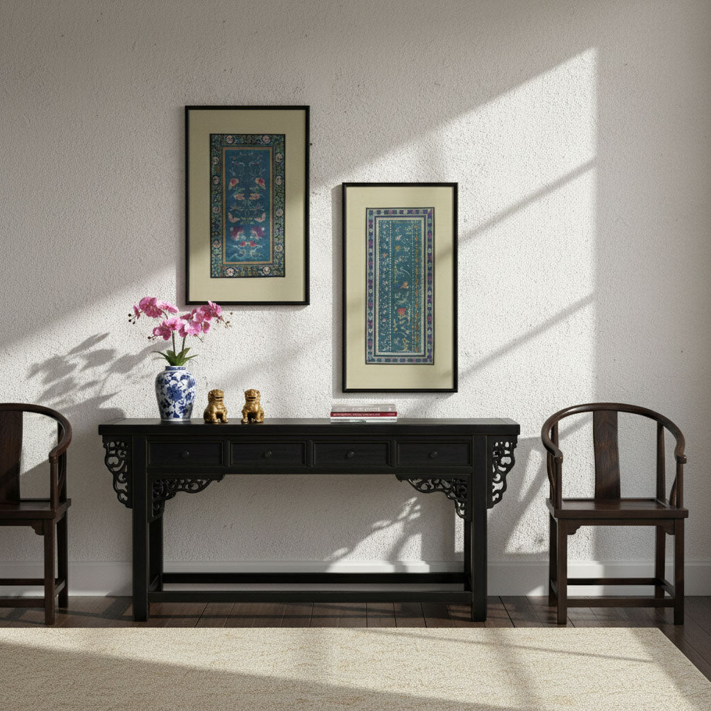 Pair of Qing Dynasty Teal Blue Silk Embroidered Panels