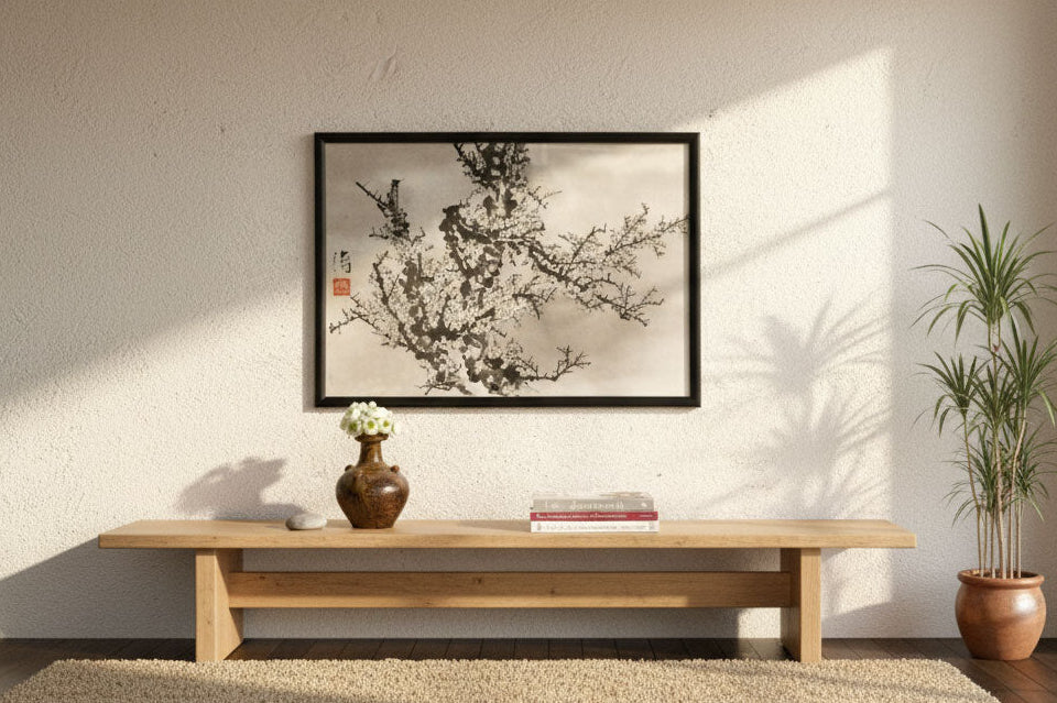 Framed Chinese Ink Wash Plum Blossom Painting