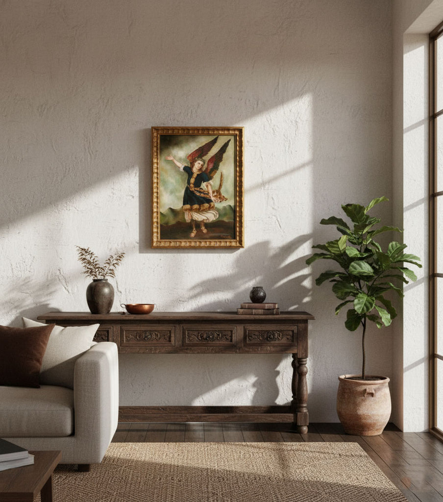 Framed Spanish Colonial Arcángel Arcabucero Oil Painting