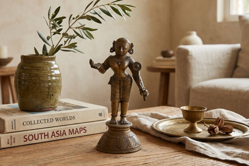 Indian Lost-Wax Bronze Attendant with Sunflower Offering (Trade)