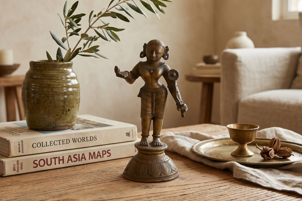 Indian Lost-Wax Bronze Attendant with Sunflower Offering