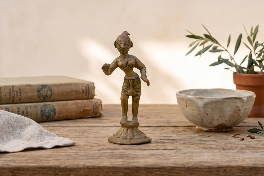 Soulful Miniature Bronze Painted Apsara (Trade)