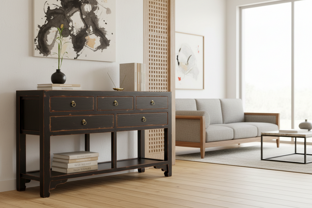 20th Century Black Lacquer Stone Top Console (Trade)