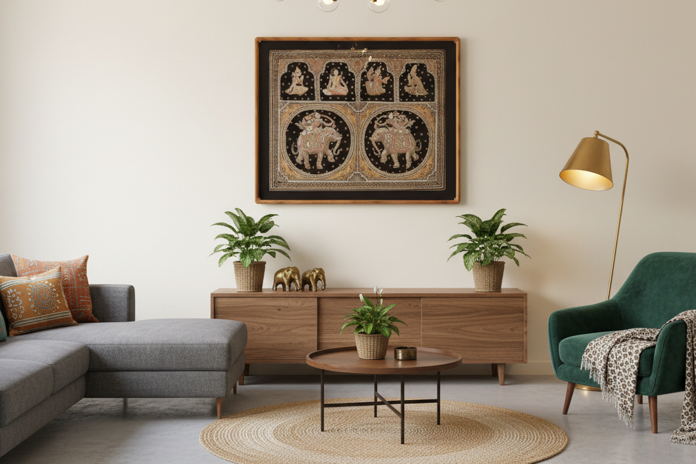 Large Framed Burmese Kalaga Elephants Tapestry (Trade)