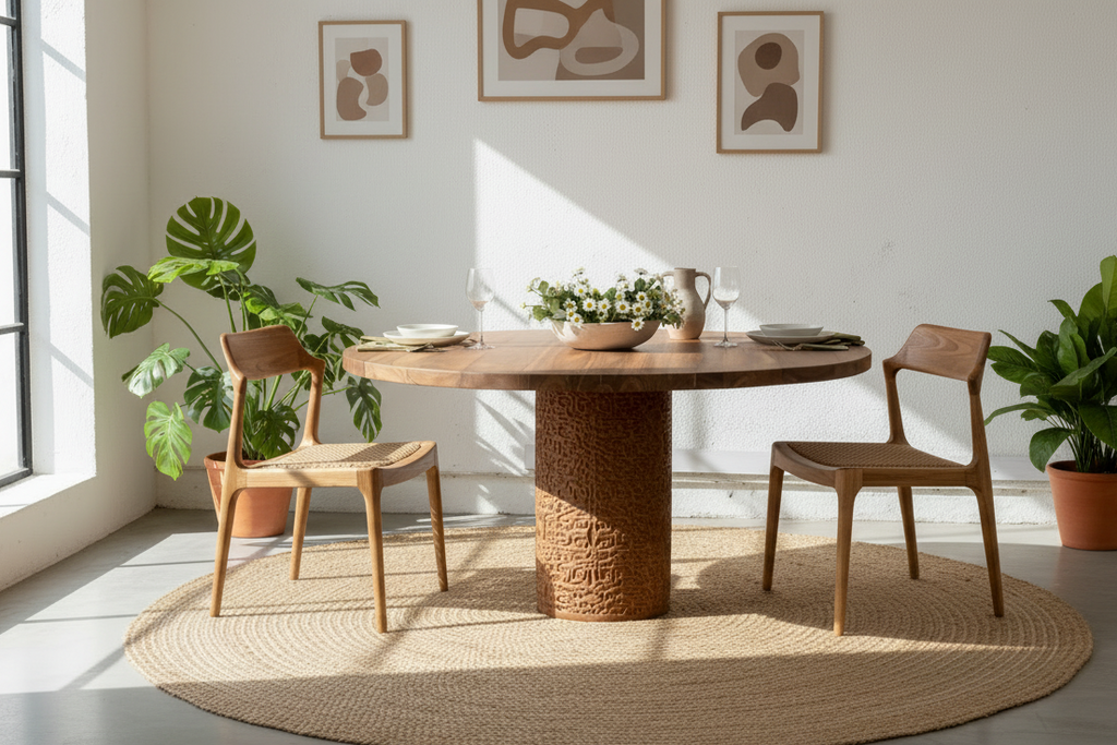 Finely Carved Reclaimed Teak Round Pedestal Dining Table