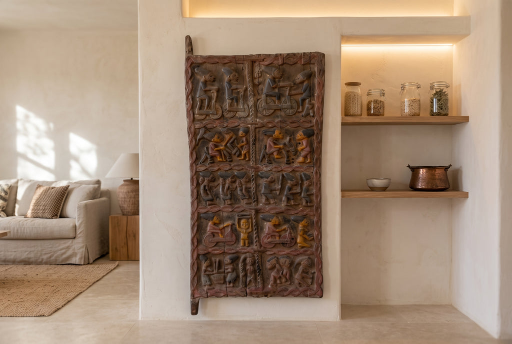 Carved Yoruba Narrative Door with Painted Finish