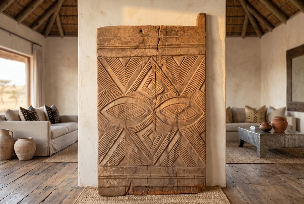 Antique Bleached Wood Solar Eye Carved Igbo Door