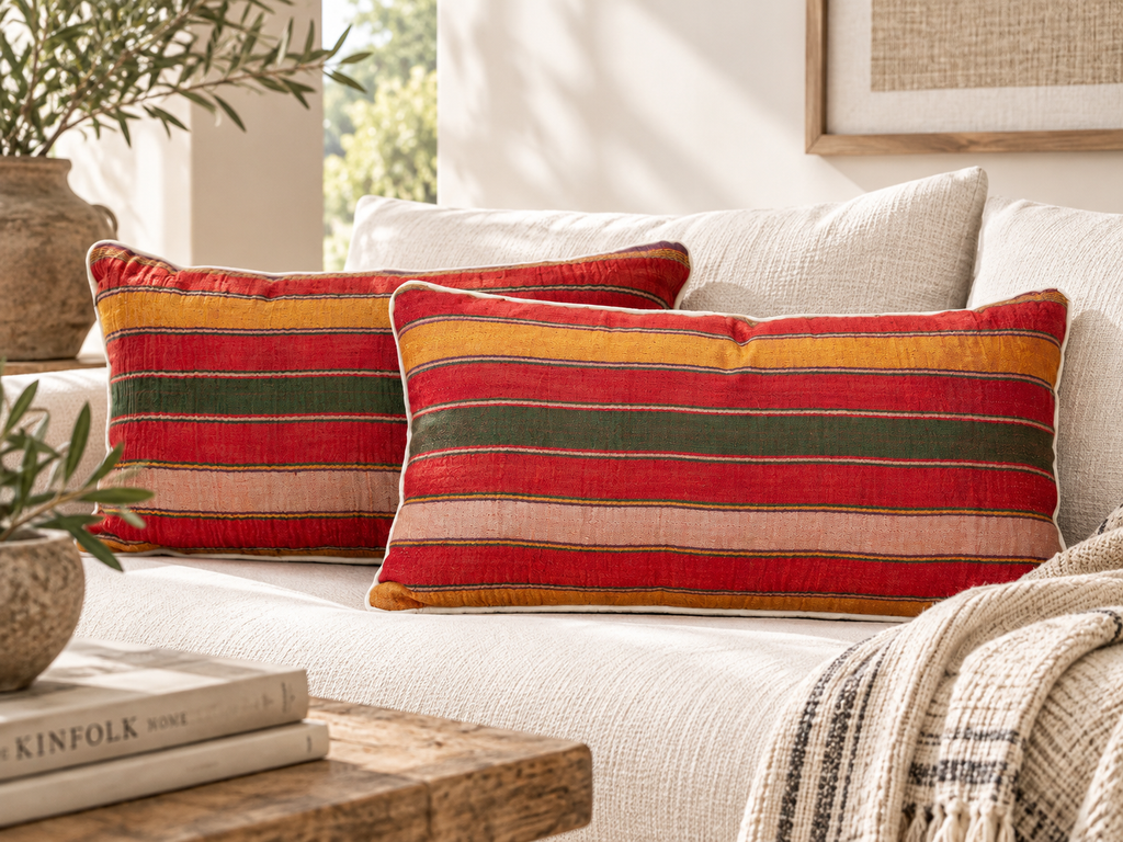 Pair of Bhuj Striped Mashru Lumbar Pillows (Trade)