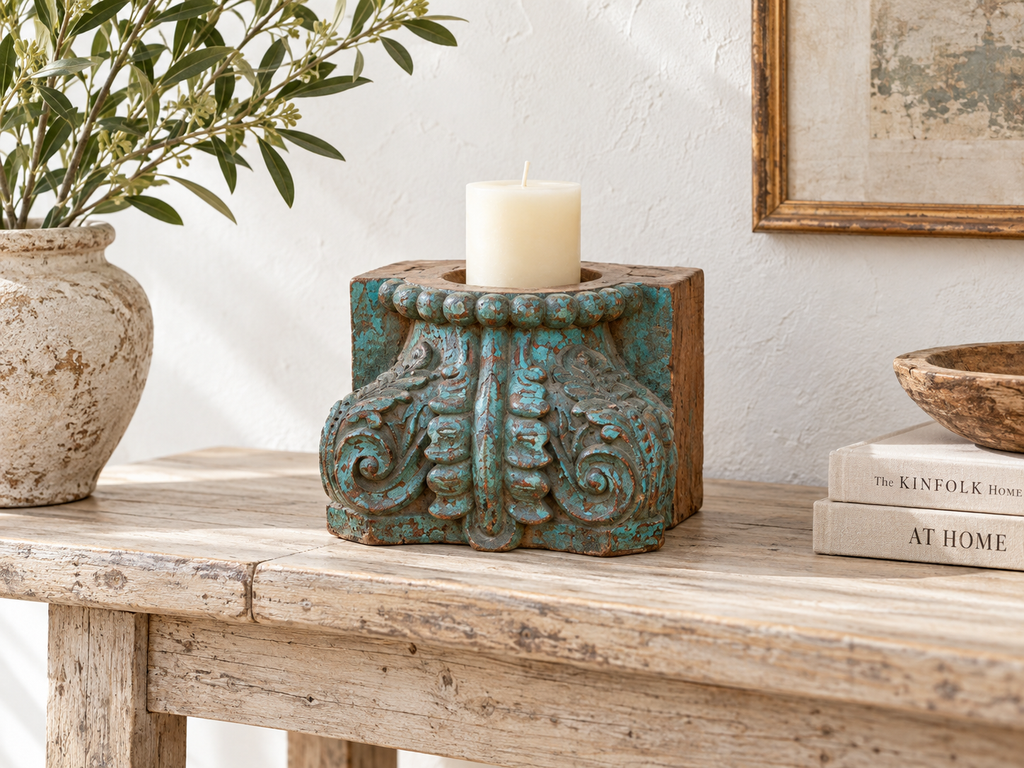 Finely Carved Turquoise Blue Teak Capital (Trade)