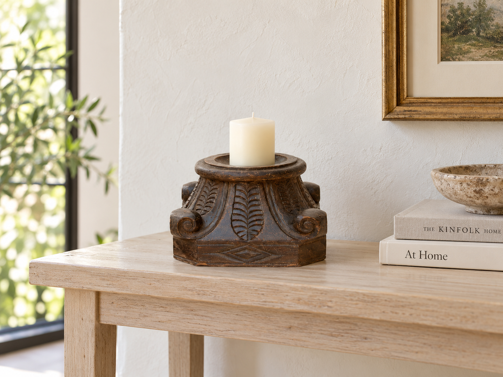 Carved & Painted Teak Candle Holder