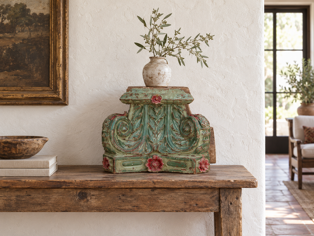 Large Heavily Carved Floral Teak Capital (Trade)