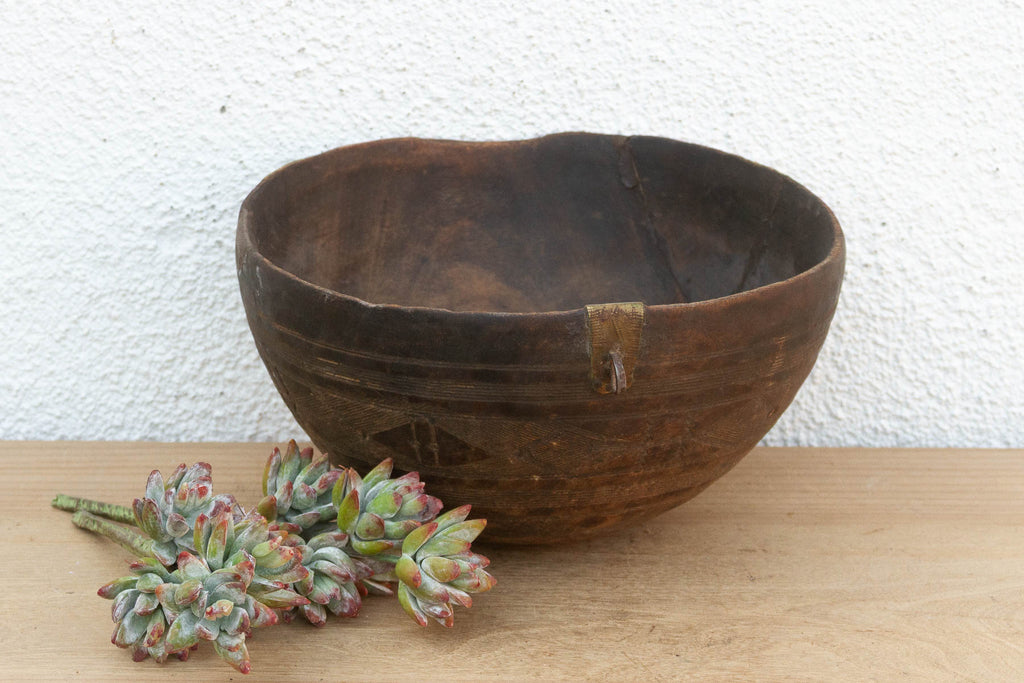 Antique Engraved Bowl w/ Brass Ring Handle