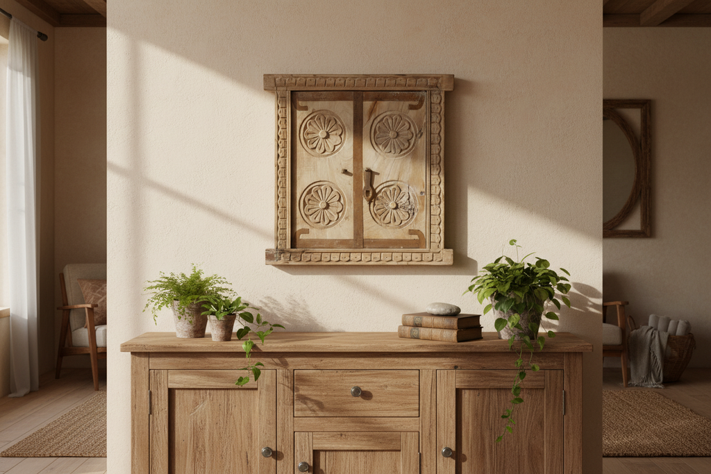 Antique Floral Carved Bleached Window Mirror-Barmer