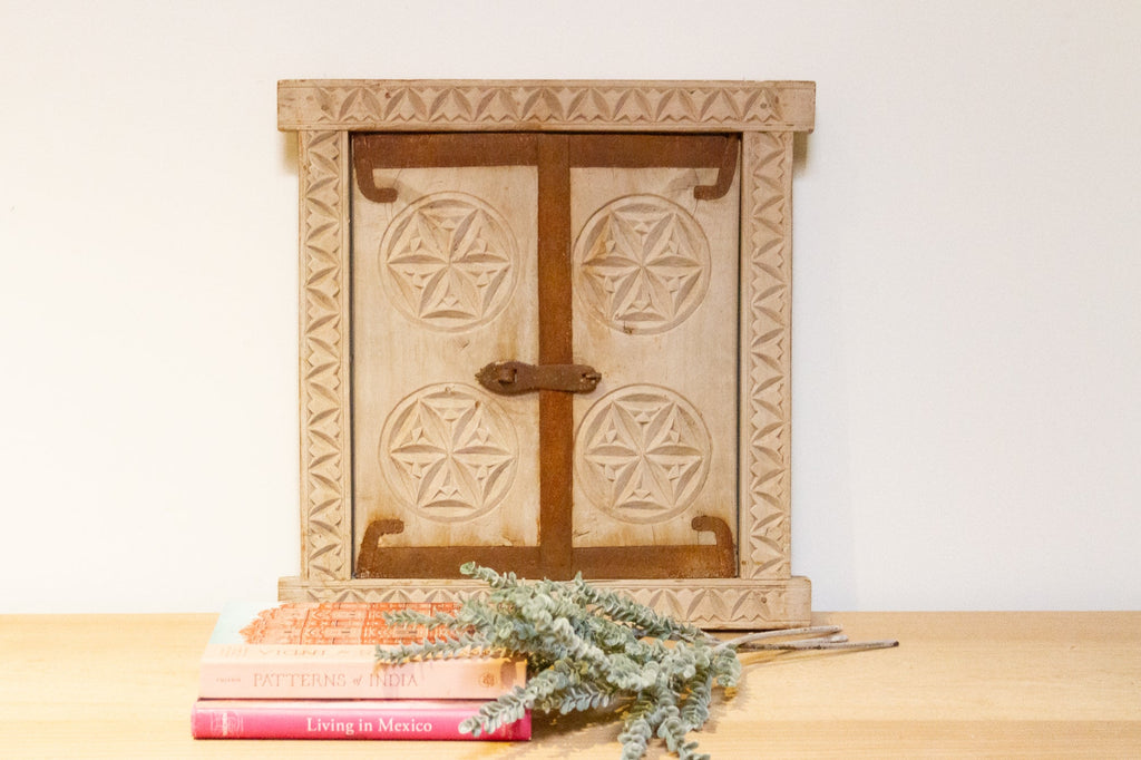 Antique Floral Carved Bleached Window Mirror-Dhumdar (Trade)