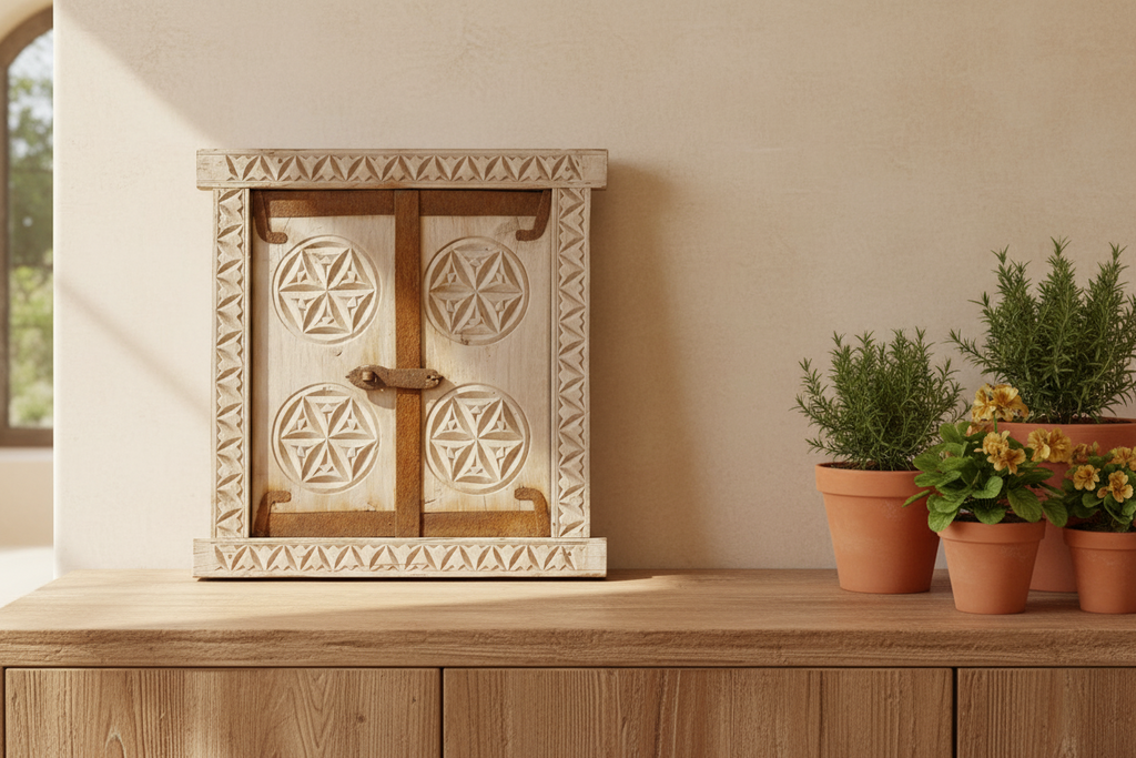 Antique Floral Carved Bleached Window Mirror-Dhumdar (Trade)