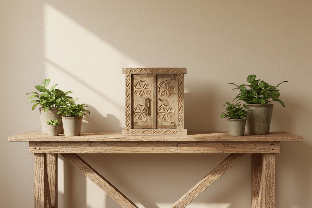 Antique Floral Carved Bleached Window Mirror-Jaisalmer