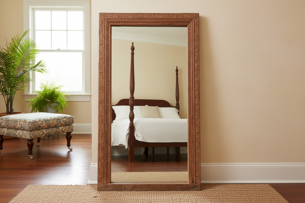 Antique Tribal Floral Carved Floor Mirror