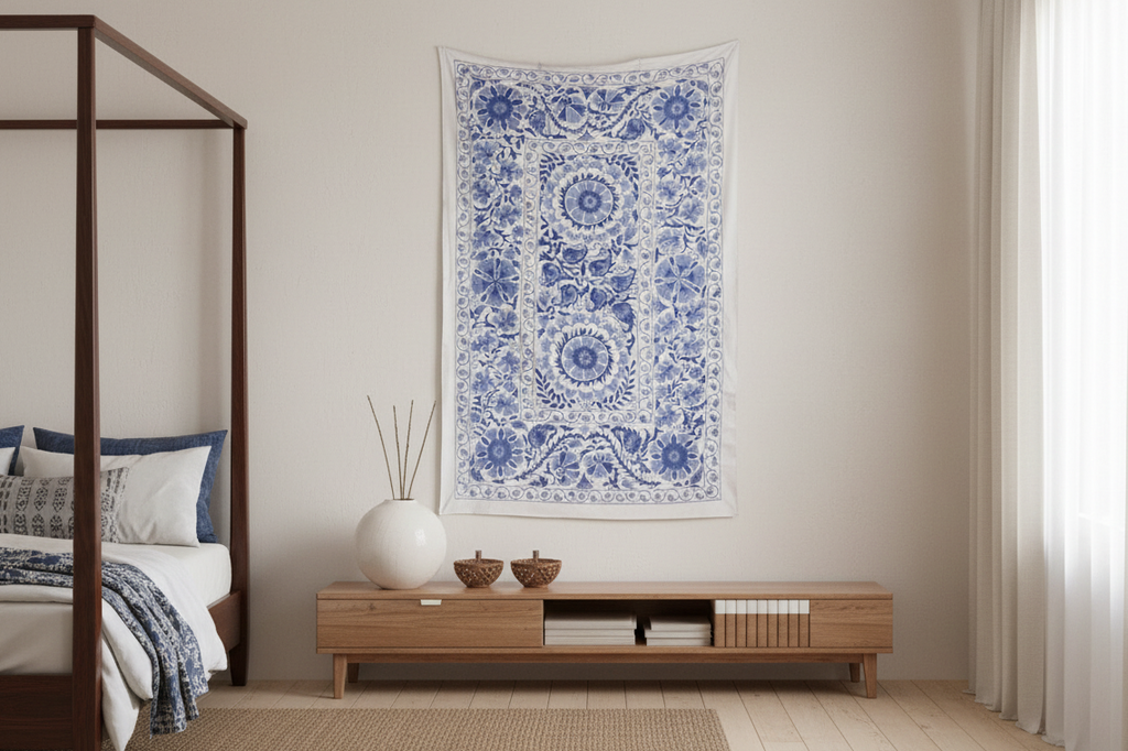 Blue Blossom Uzbek Suzani Throw (Trade)