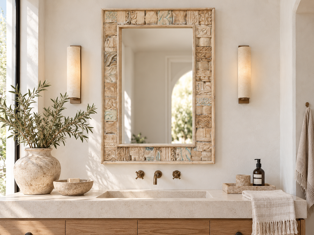 Carved Bleached Wood Tribal Mirror