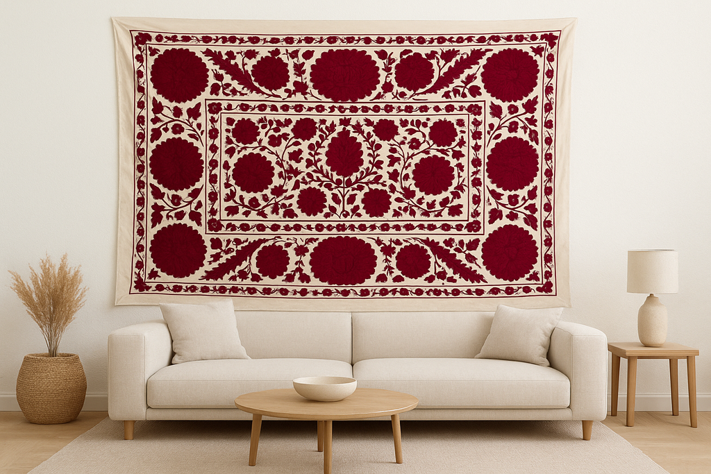 Deep Raspberry Red Hand-Embroidered Suzani Throw