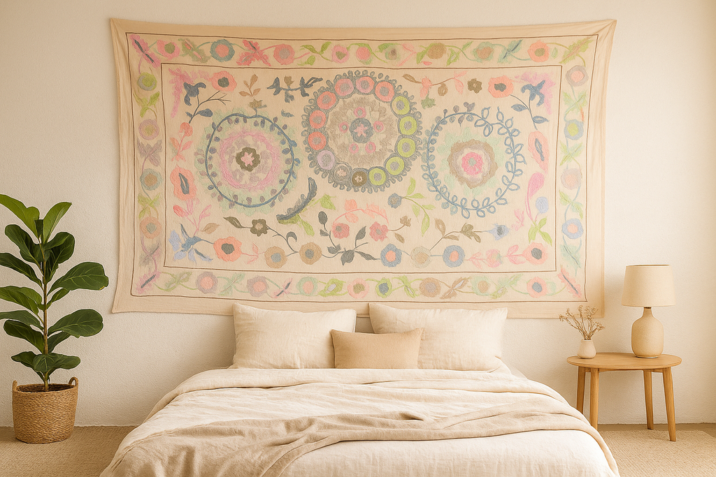 Romantic Pastel Hand Embroidered Suzani Tapestry
