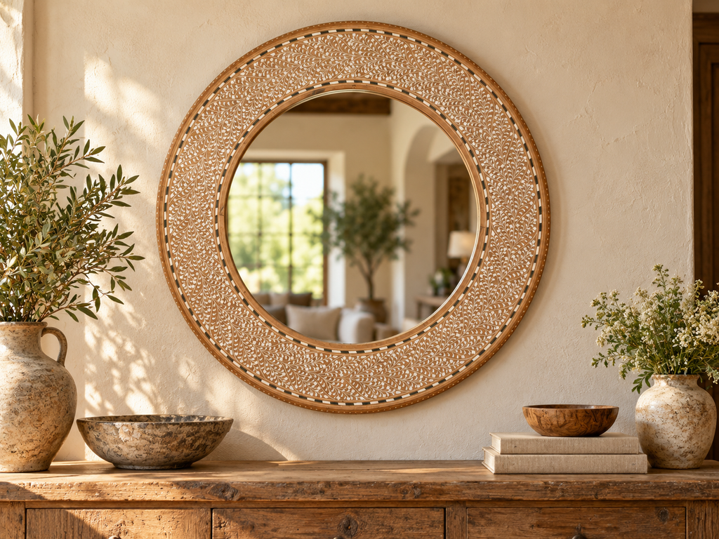 Finely Fern Leaf Inlay Round Mirror