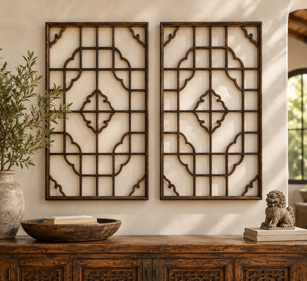 Pair of Antique Chinese Ruyi Cloud Lattice Panels