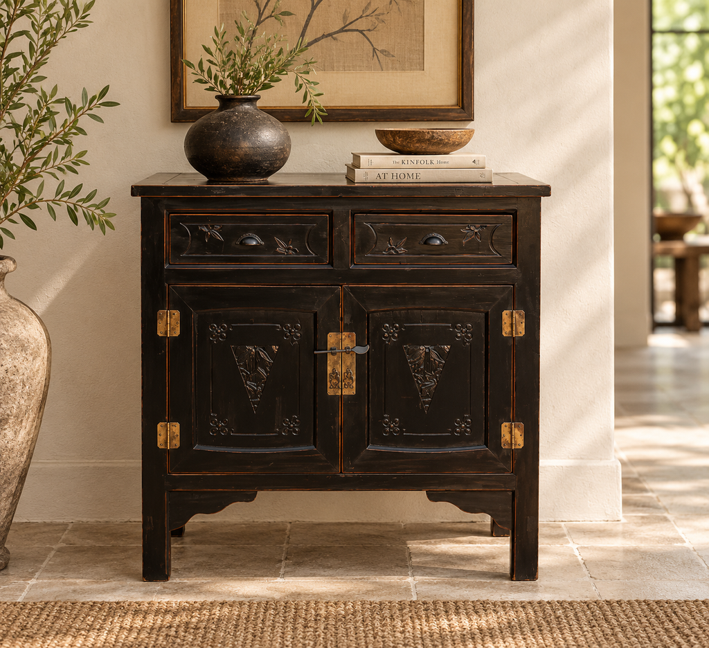 Mid-century Carved Blossom Black Asian Cabinet