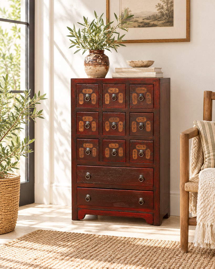 Vintage Red Painted Apothecary Chest