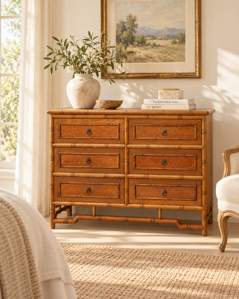 20th Century Faux Bamboo & Cane 6-Drawer Dresser (Trade)