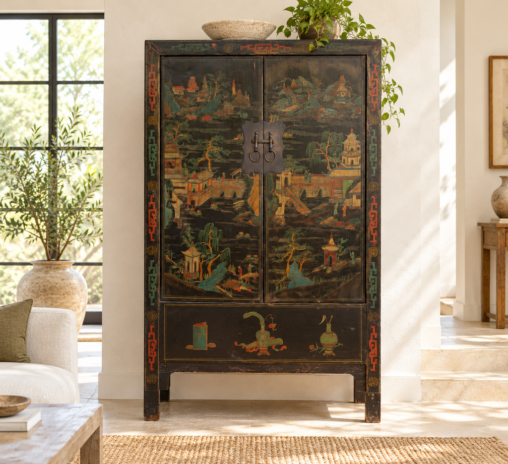Antique Chinese Black Lacquer Armoire w/Painted Landscape