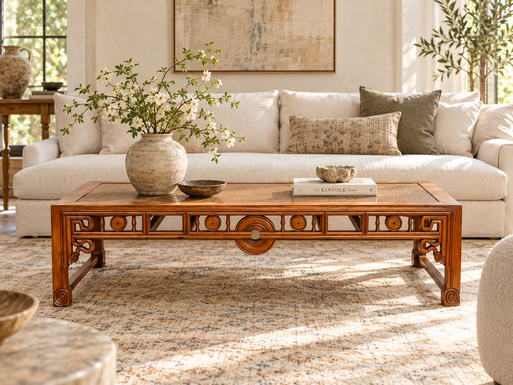 Large Antique Qing Woven Top Coffee Table