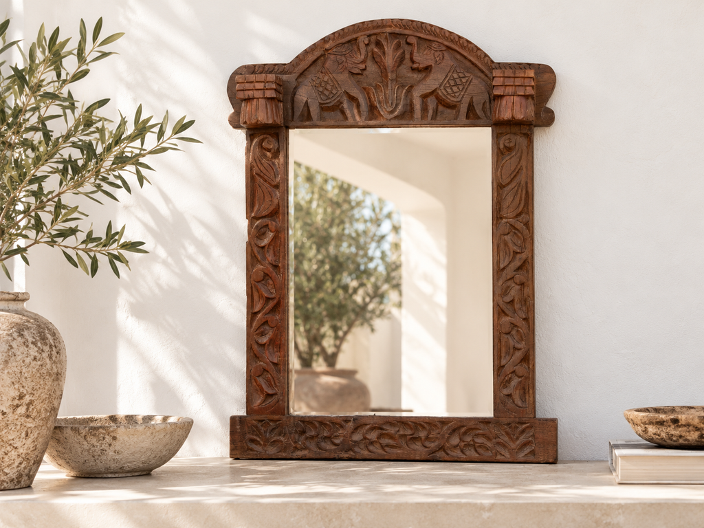 Dark Walnut Finish Tribal Carved Mirror
