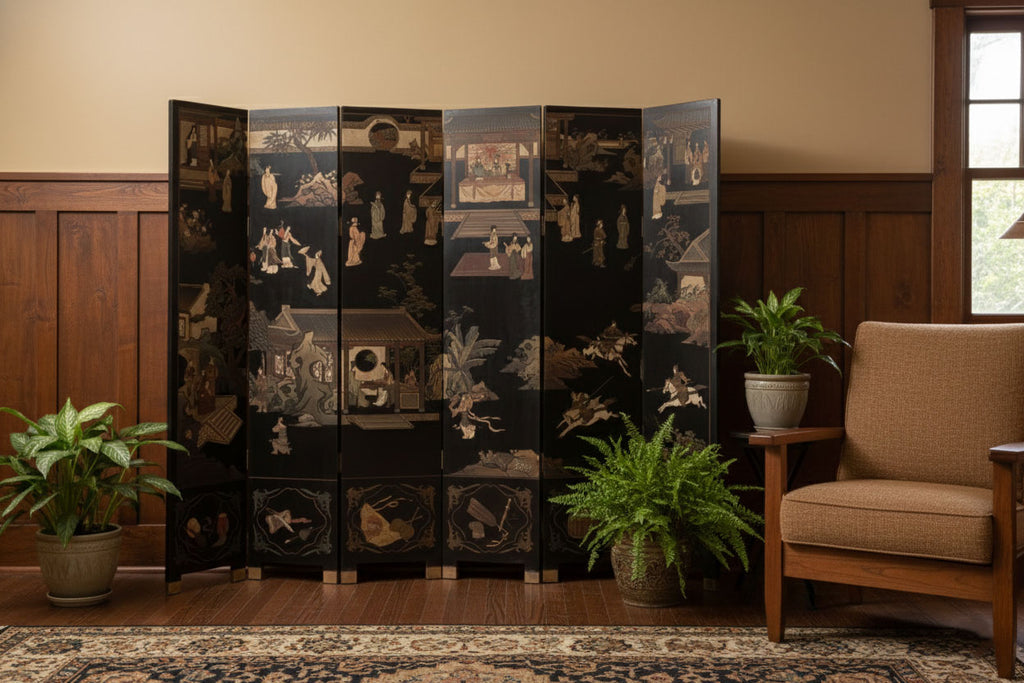 Elegant Six-Panel Black & Gold Lacquer Coromandel Screen
