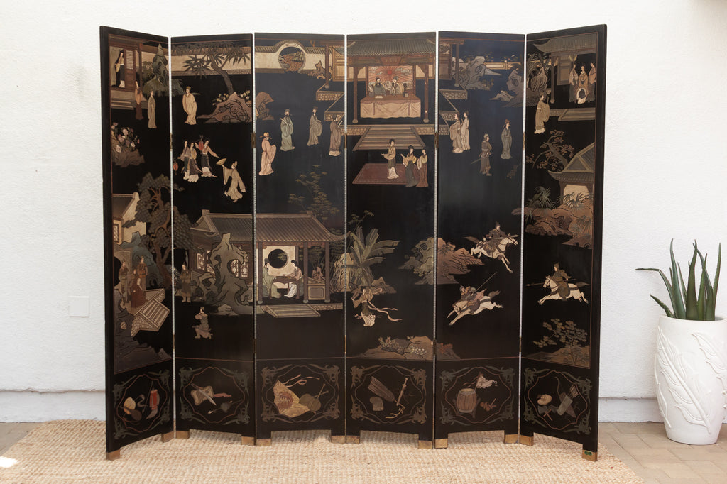 Elegant Six-Panel Black & Gold Lacquer Coromandel Screen (Trade)