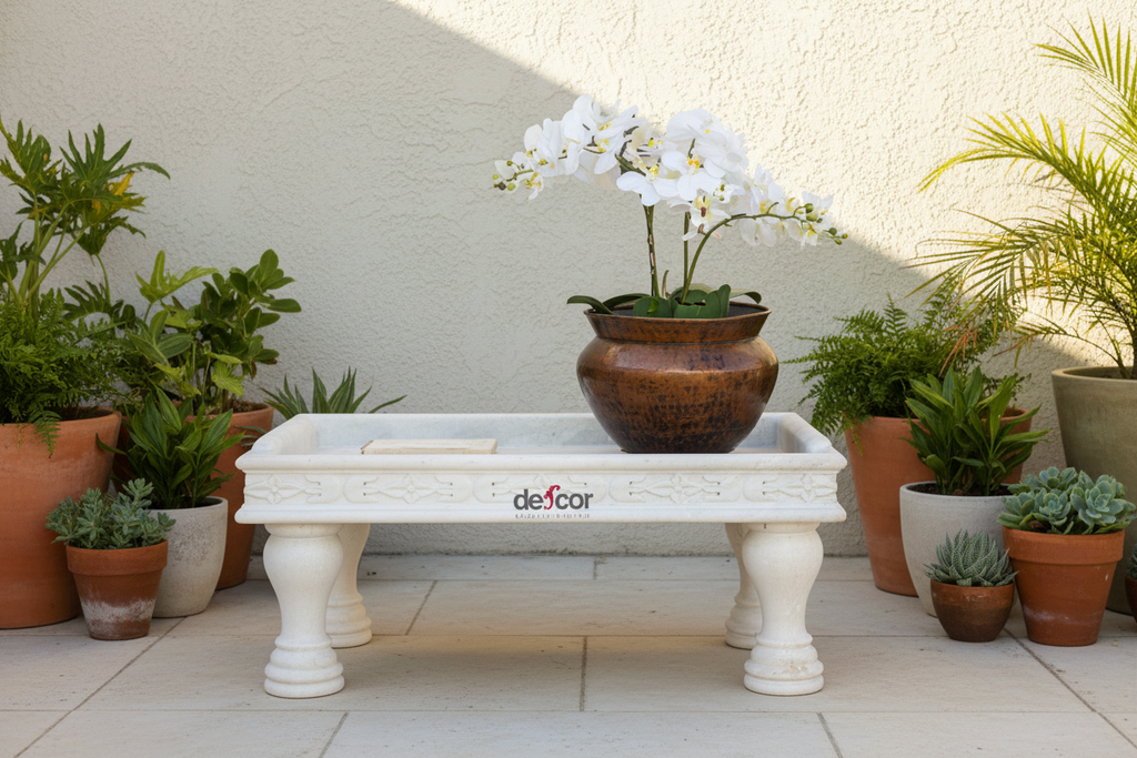 Floral Handcarved Marble Trough Coffee Table (Trade)
