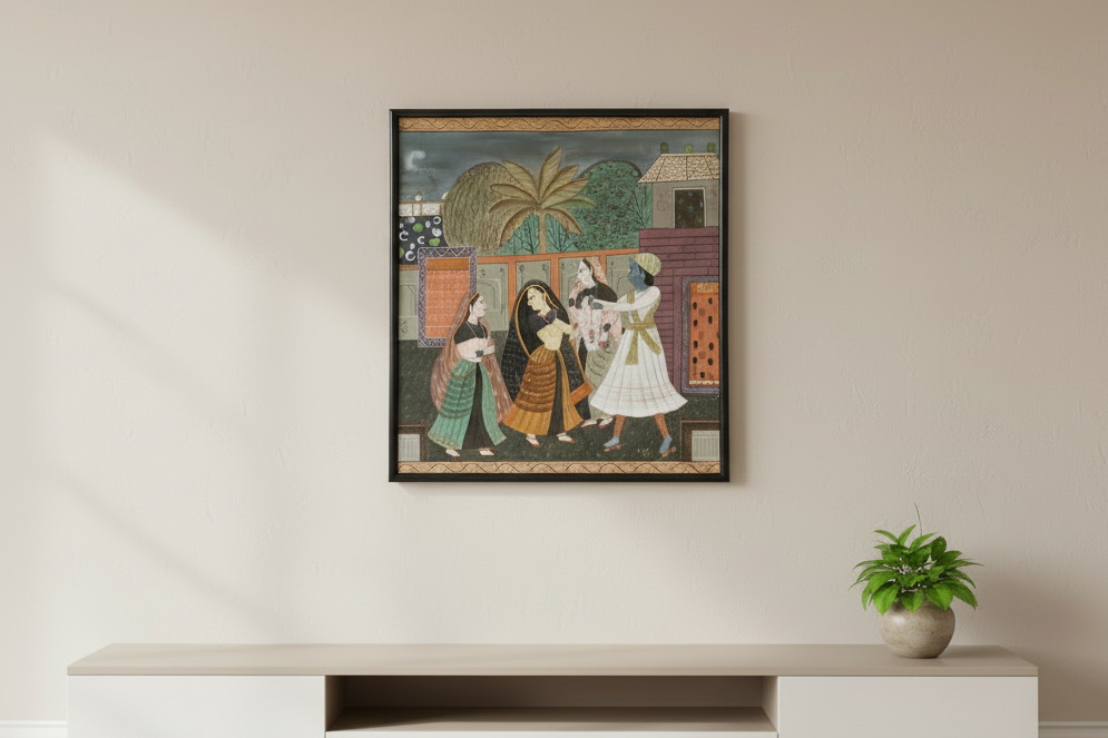 Framed Vintage Indian Night Scene Painting (Trade)