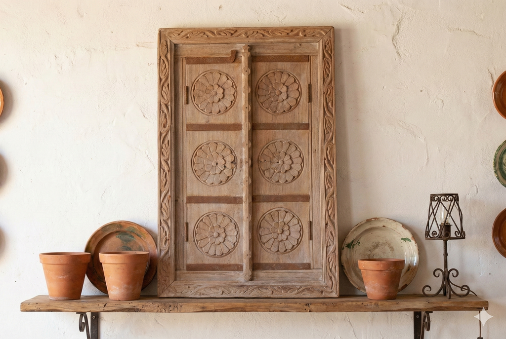 From an Ancient Indian Courtyard, Carved Window Mirror (Trade)