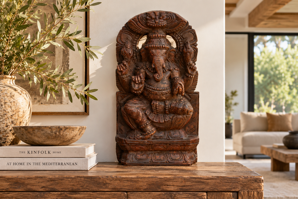 Mid-Century Hancarved Wood Ganesha Wall Panel (Trade)
