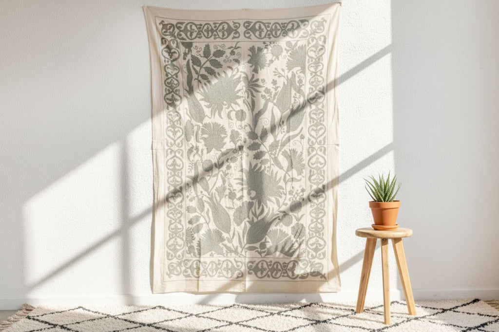 Exquisite Pearl Tone Hand-Embroidered Suzani Throw