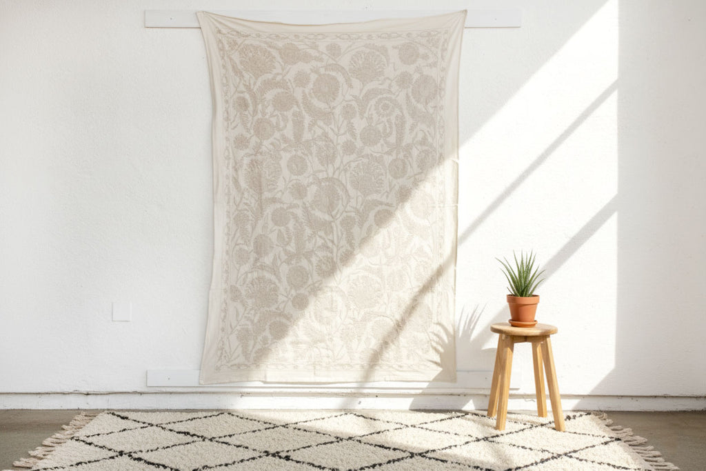 Heirloom Ecru Hand-Embroidered Suzani Throw